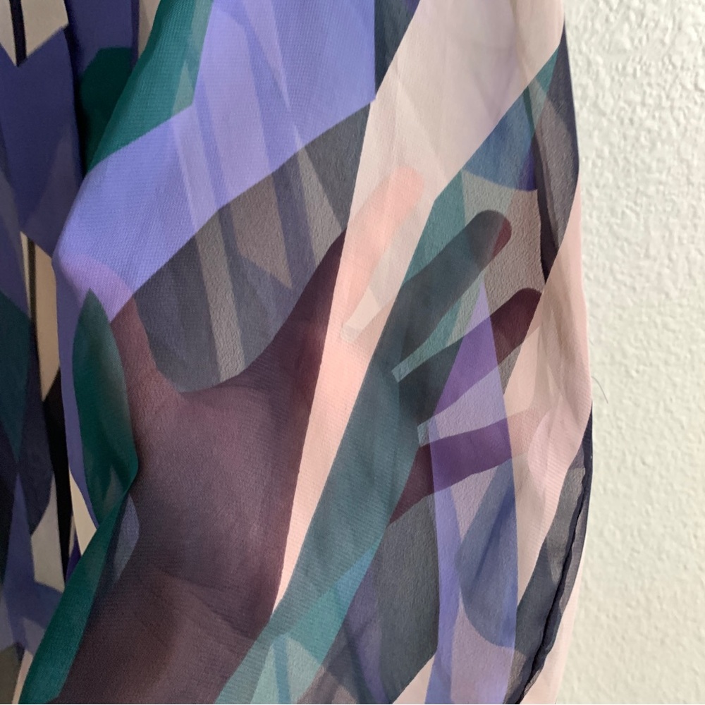 COLLECTIVE CONCEPTS short cap sleeve blouse top sheer shirt geometric print L - Picture 8 of 11